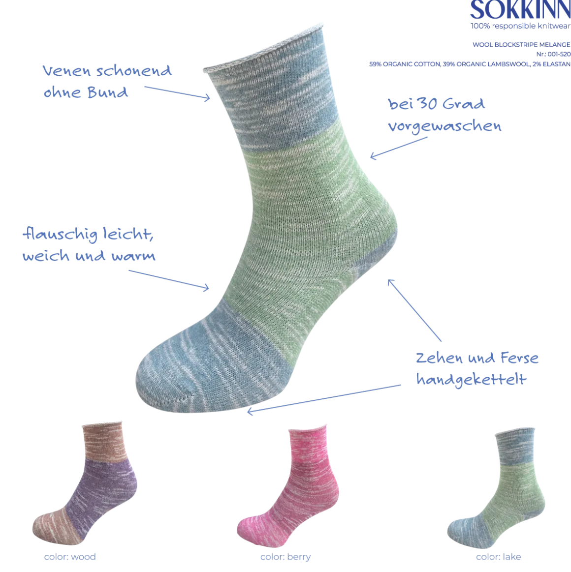 Sokkinn ~ Bio Socke Wool Blockstripe Melange ~ Wood